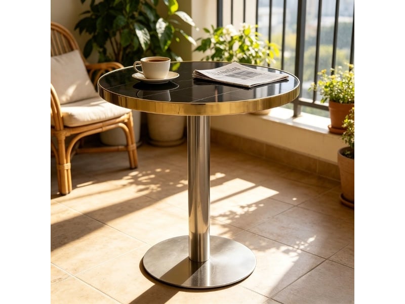  Table basse ronde avec plateau effet marbre, bord en acier inoxydable doré, style moderne, pour salon, en mdf, noir  - Conforama C