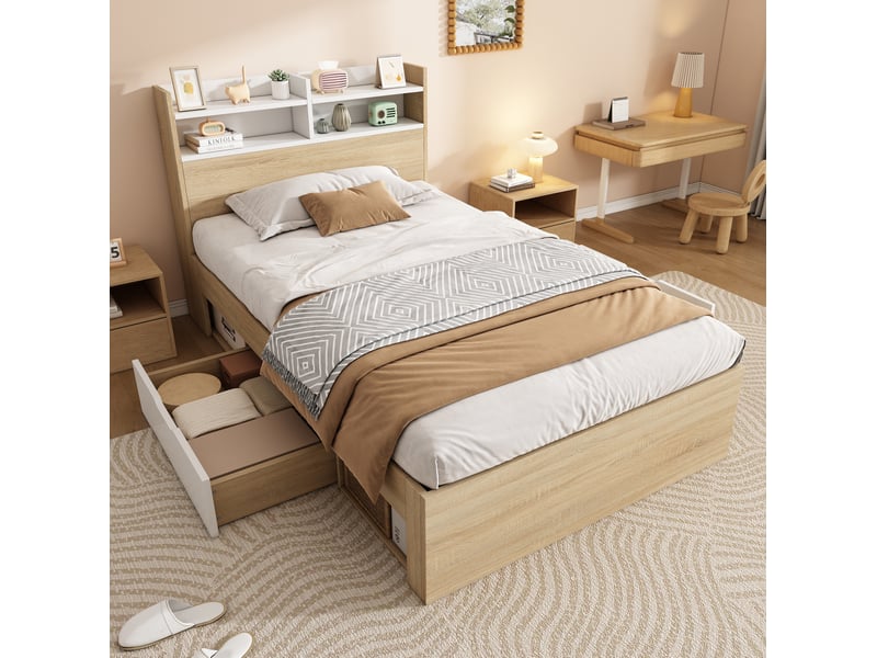  Modenvie lit 1 place 90x200 cm - tête de lit avec étagères, 2 tiroirs et niches, matelas inclus - bicolore  - Conforama B