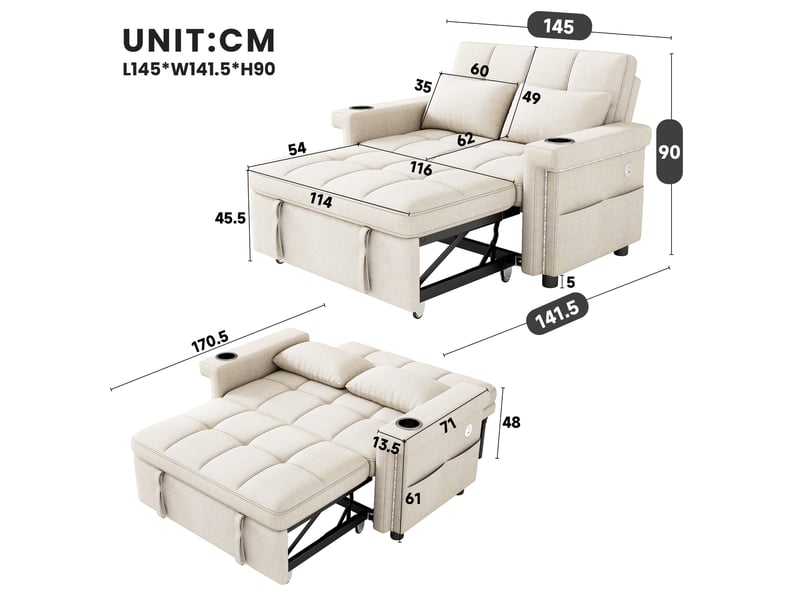  Canapé convertible 2 places en chenille beige avec éclairage led  - Conforama D