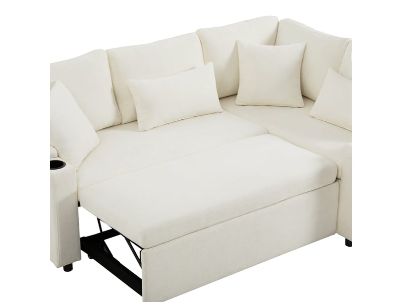  Canapé d'angle convertible l 206,5x141x86 cm 4 places, coffre de rangement, porte-gobelet, usb intégré, revêtement chenille beige  - Conforama E
