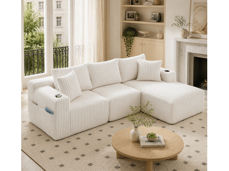  Canapé modulable 257 x 90-160 x 62 cm, méridienne, module 2 places, 5 coussins, porte-gobelets, poches latérales, velours côtelé, beige Bliss Lite - Conforama D