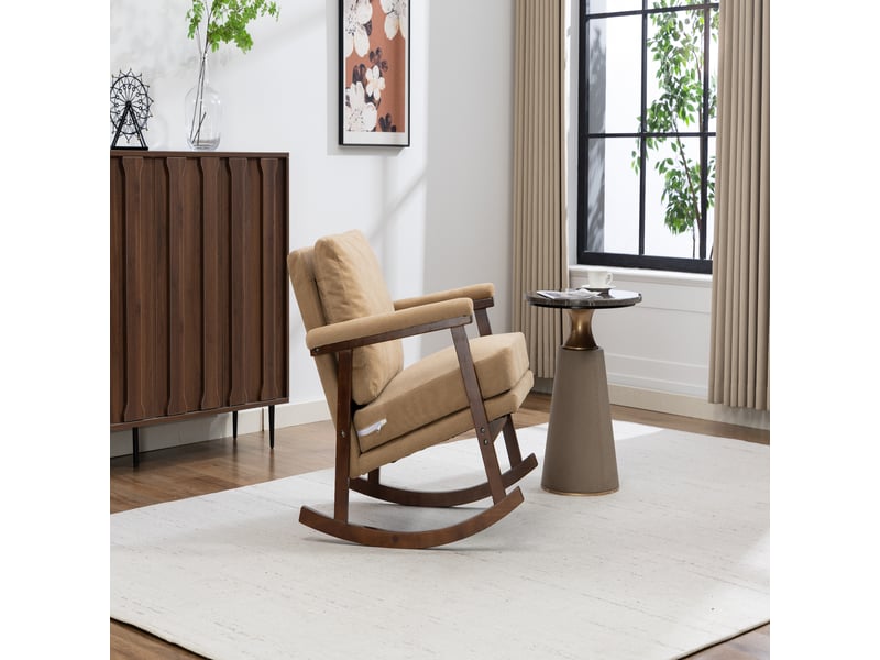  Fauteuil à bascule moderne avec cadre en bois, fauteuil de lecture pour chambre, 83x73x80 cm  - Conforama D