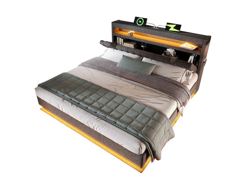 Lit coffre 160 × 200 cm 2 places avec led, usb, type-c, rangement hydraulique et matelas inclus, en lin gris  - Conforama A