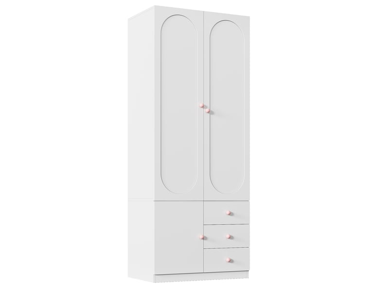 Armoire avec 4 portes, 6 tiroirs, penderies et étagères, poignées en céramique rose, blanche, 160 × 50 × 200 cm - Conforama E