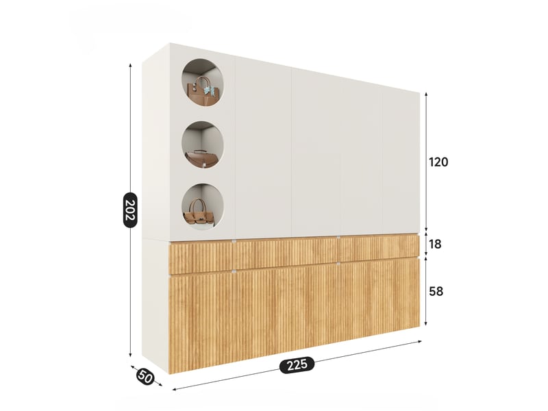 Armoire chambre 225x50x200 cm, avec 10 portes 3 tiroirs, avec étagère d'angle grand placard de rangement, mdf style scandinave moderne, bois - Conforama E
