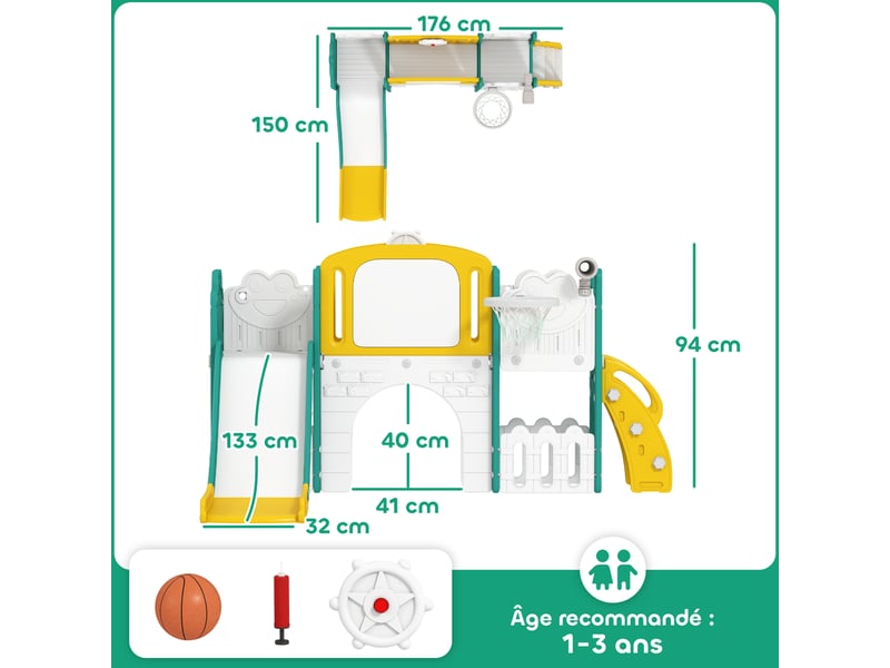  Toboggan pour enfant 7 en 1 avec panier de basket, télescope, rangement, tunnel, escalade, tableau de dessin, jaune  - Conforama C