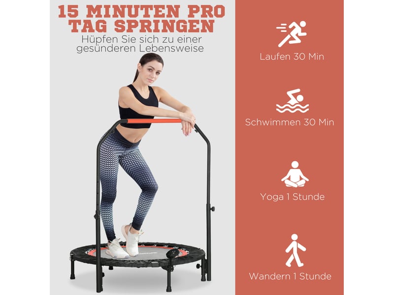 Mini-trampoline fitness 102 cm noir avec moniteur lcd et poignée réglable, pliable pour l'entraînement à domicile - Conforama E