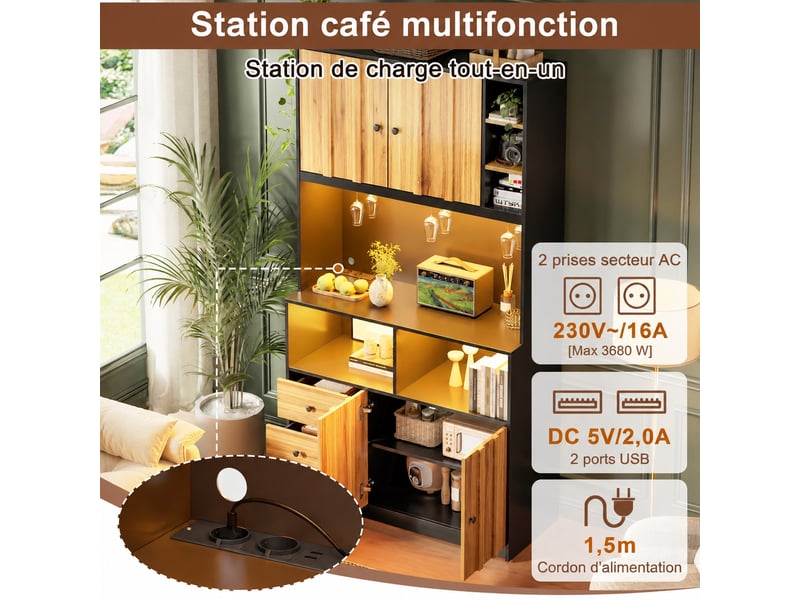  Meuble haut de cuisine avec vitrine, bar à vin, éclairage led rgb et prises usb, noir et bois naturel  - Conforama D