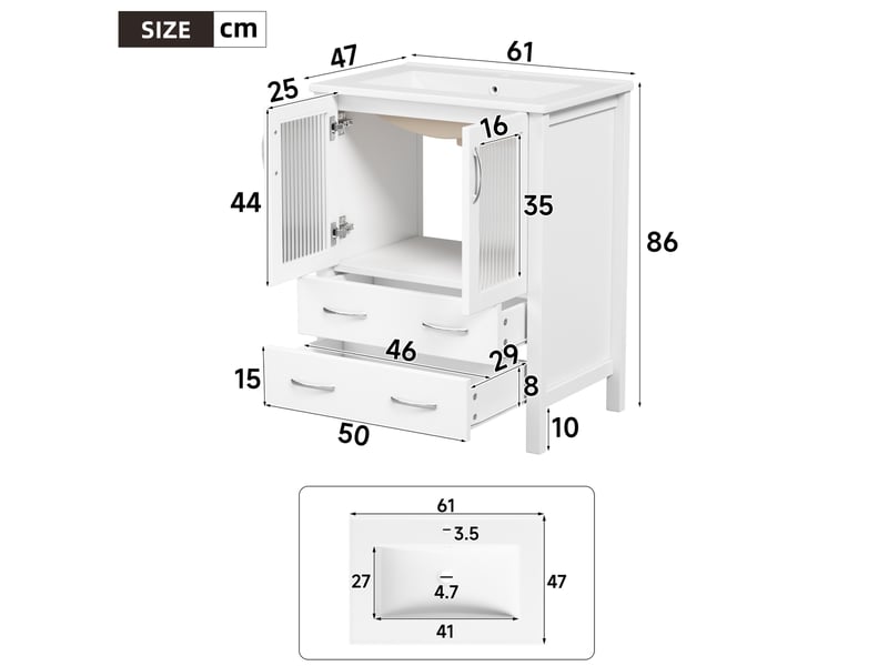 Meuble sous vasque avec 2 tiroirs et 2 portes en verre nervuré, vasque céramique, pour salle de bain, blanc, 61 × 47 × 86 cm - Conforama E