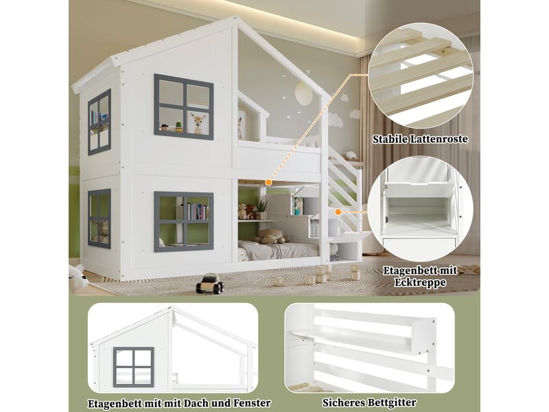  Lit superposé enfant,90x200 cm,avec escalier de rangement,blanc et gris  - Conforama D