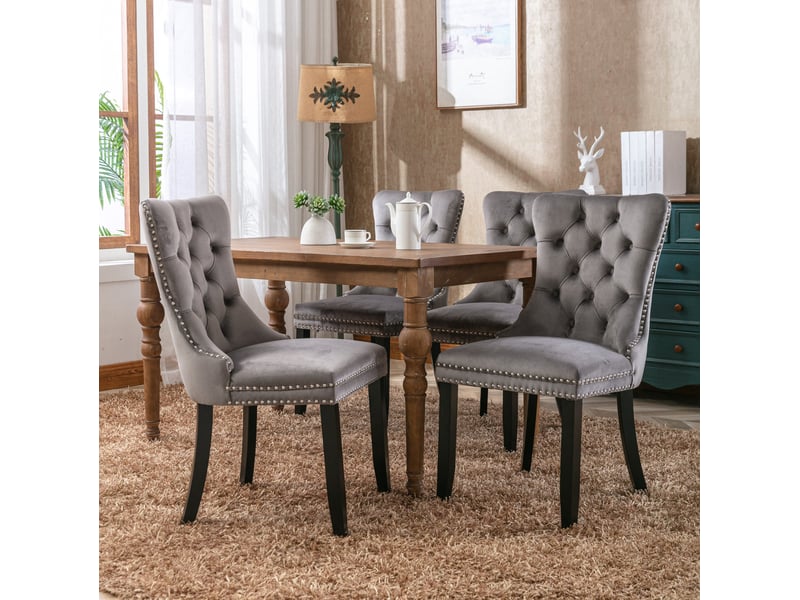  Chaise de salle à manger, lot de 2, gris, revêtement en velours, dossier haut et pieds en bois  - Conforama C
