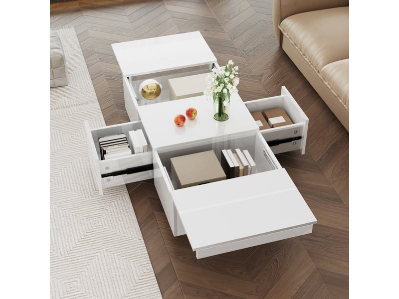 Table basse 100x50x31 cm à plateaux coulissants, 2 tiroirs et rangements cachés, panneaux de particules brillants, blanc ABC - Conforama E