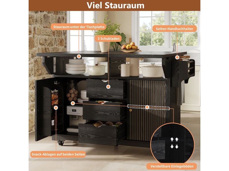  Desserte de cuisine avec rallonges rabattables 3 tiroirs mdf et métal noir N620CC260704B - Conforama D
