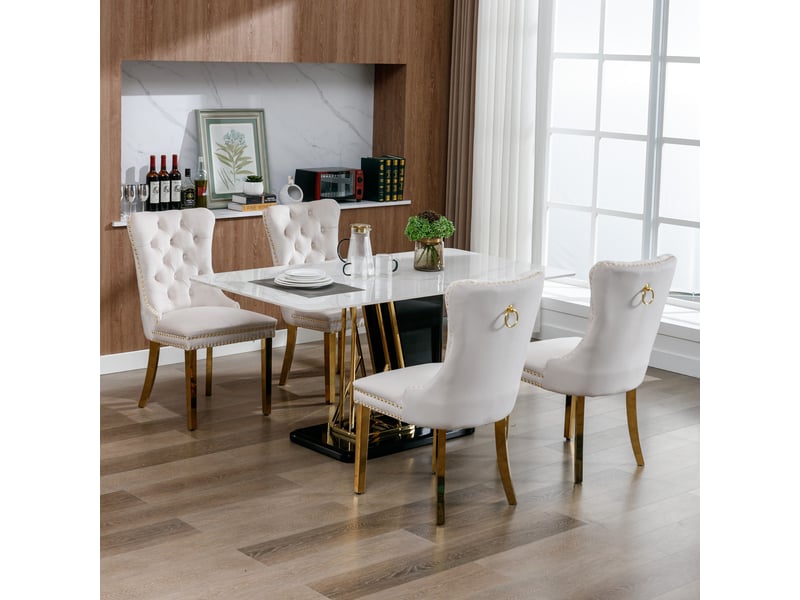  Lot de 2 chaises de salle à manger en velours beige pieds dorés capitonnées clous tapissier  - Conforama D