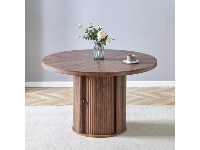  Table à manger ronde 115 cm avec rangement, mdf finition noyer, 4 à 6 places  - Conforama D
