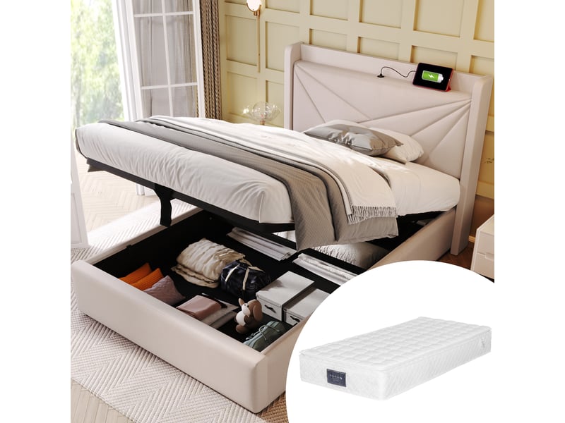  Lit coffre enfant 90x200 cm, espace de rangement, usb type-c et sommier, coton-lin beige, matelas inclus  - Conforama W