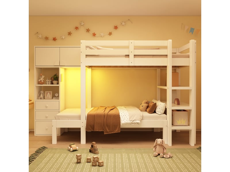  Lit superposé enfant 90x200cm - penderie - étagères - tiroirs - veilleuse led - blanc Bubbly Shop - Conforama E