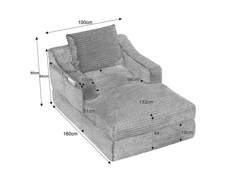  Fauteuil convertible en velours côtelé avec double couche et assise rembourrée, noir  - Conforama C