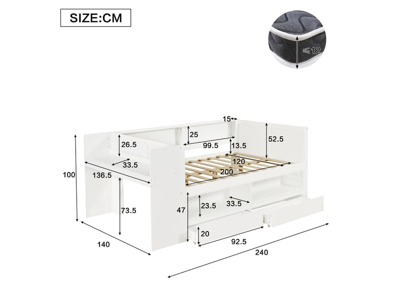 Lit simple 120x200 cm avec bureau, rangements et 2 tiroirs, bois blanc, sans matelas  - Conforama C