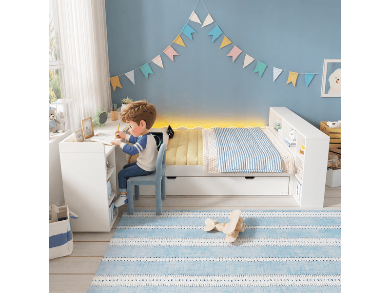  Lit gigogne 140 × 200 cm avec couchage 90 × 190 cm, bureau, prises et led Fay Lum - Conforama E