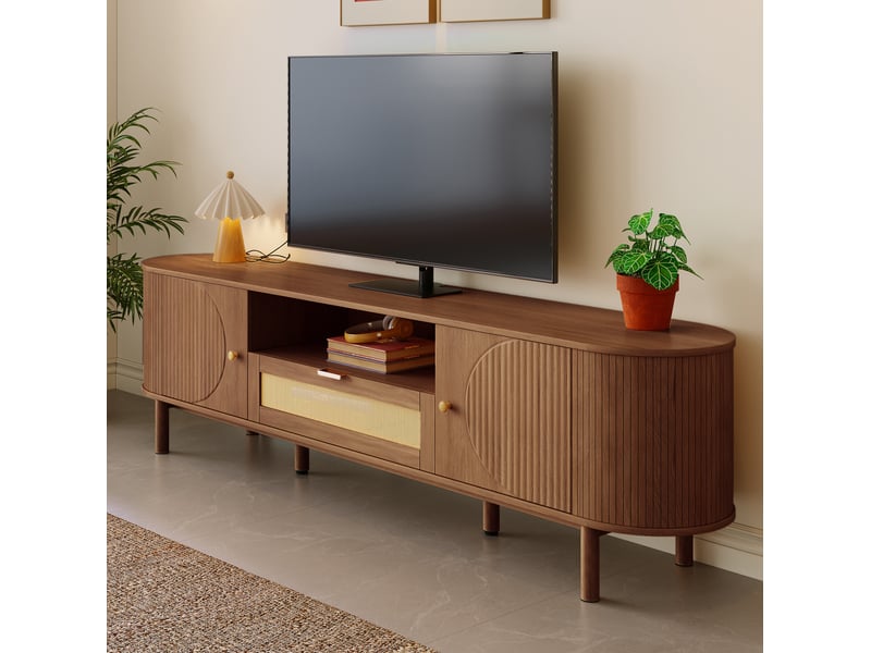  Meuble tv 175 cm en mdf noyer avec portes arrondies, tiroir et niche ouverte  - Conforama E