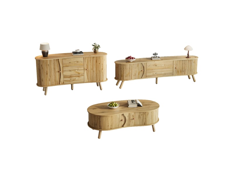  Ensemble meubles salon 3 pièces avec meuble tv table basse buffet portes coulissantes rangement mdf effet bois naturel 160x36x55 cm Bubbly - Conforama A