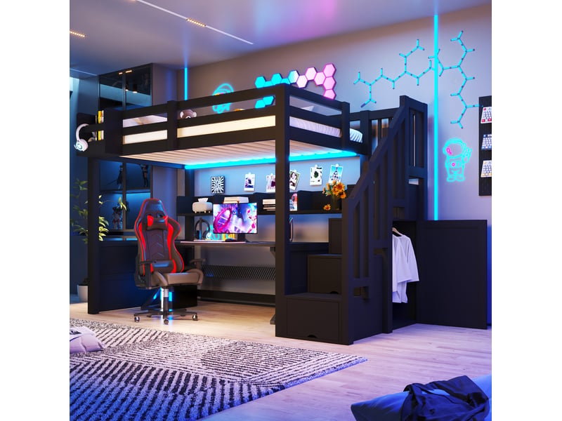  Lit mezzanine 90 × 200 cm avec escalier, placard intégré, rangements et led pour chambre enfant, noir 253 × 95 × 170 cm  - Conforama D