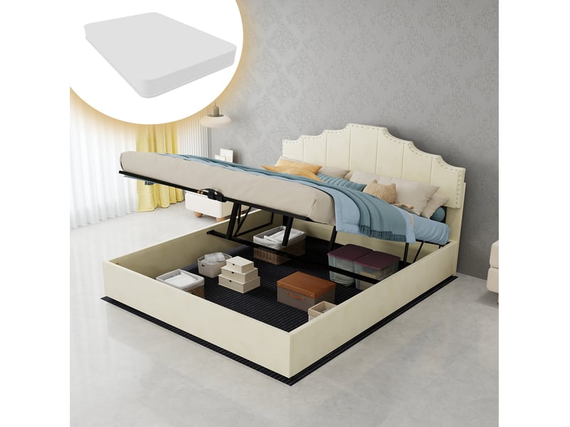  Lit 160 x 200 cm beige en bois et tissu avec matelas inclus  - Conforama D