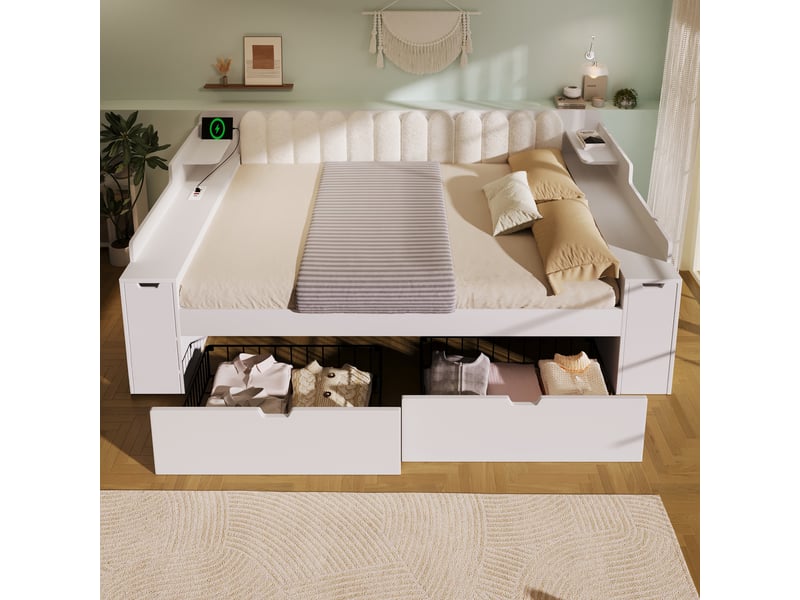  Ce canapé-lit de 140 x 190 cm est doté de deux tiroirs, d'un module mobile sur roulettes, d'étagères latérales et de compartiments de rangement.  - Conforama R