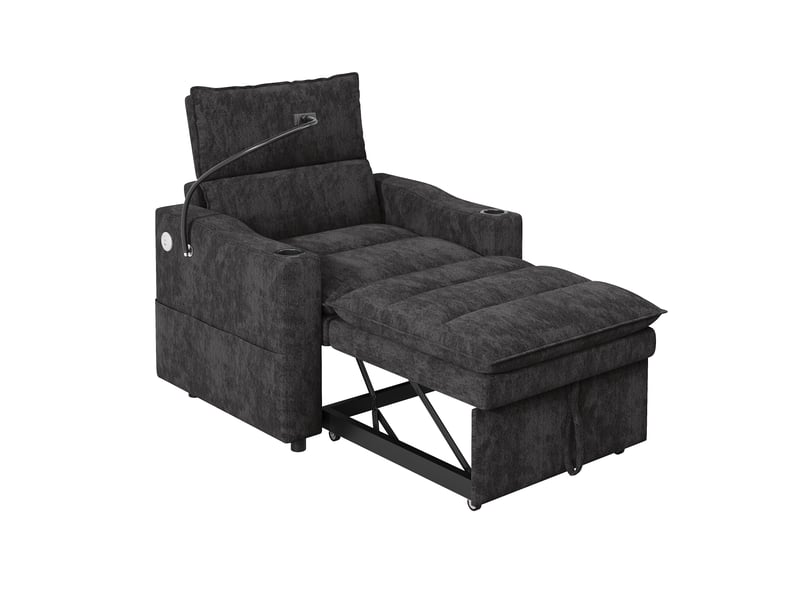 Fauteuil convertible 3-en-1 94x147x91 cm, chauffeuse et canapé-lit, fonction convertible, dossier réglable, ports usb et type-c, chenille gris OPULERANE TRADING LTD - Conforama A