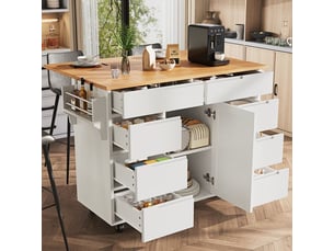 Desserte cuisine blanc moderne - 8 tiroirs + plateau extensible (46-74.5cm), roues freinées | rangement xxl | 122cm | 60kg de charge