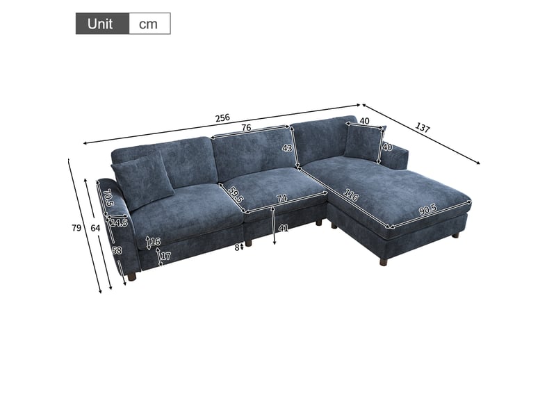  Canapé d'angle réversible 3 places, méridienne 90 cm et coussins amovibles en chenille bleu marine, 256 × 137 × 79 cm  - Conforama C