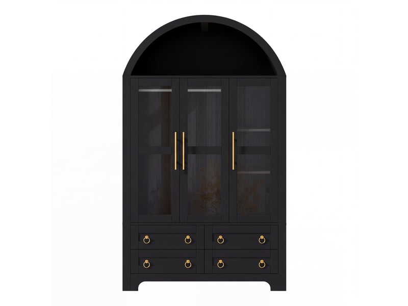  Armoire à 3 portes vitrées et 4 tiroirs, 110 x 50 x 186 cm, avec éclairage led, tringle intégrée et étagères, couleur noir  - Conforama A