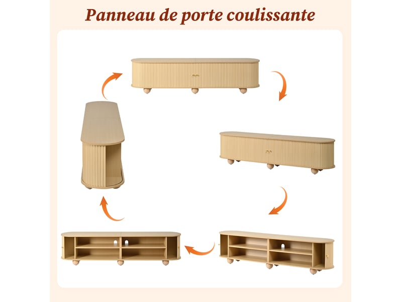  Meuble tv naturel 180x35x45 cm avec 2 portes coulissantes rainurées, rangement et passe-câbles  - Conforama D