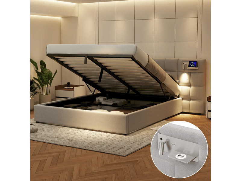  Lit coffre 180x200 avec charge sans fil, lampe et port usb - lit rembourré - sommier inclus, grand rangement hydraulique, lin gris  - Conforama D