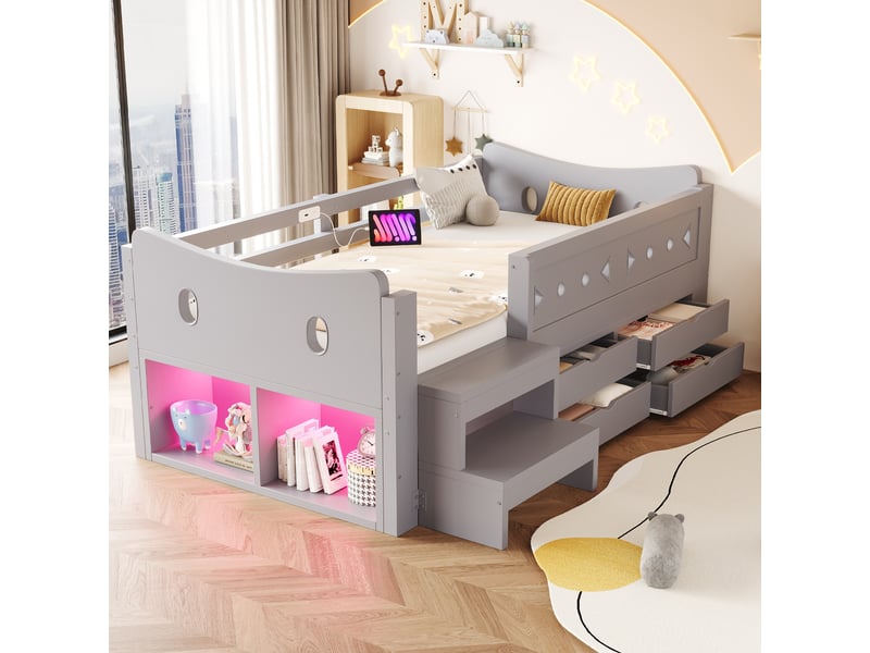  Lit enfant simple 90×200 cm avec 4 tiroirs et led - okmyhome- usb, type-c et barrières, sans matelas, gris  - Conforama B