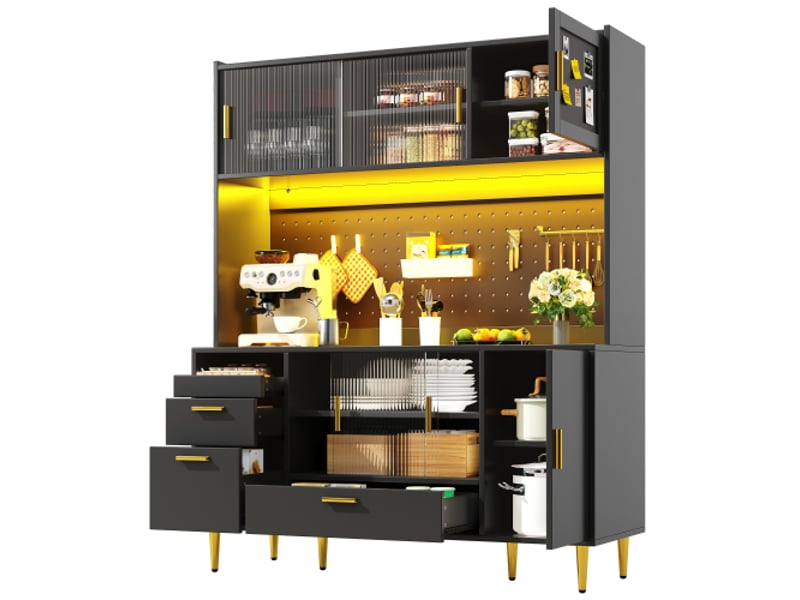  Buffet noir laqué avec led et panneau perforé – armoire cuisine 180 cm, portes en verre, porte magnétique, 60 kg  - Conforama A