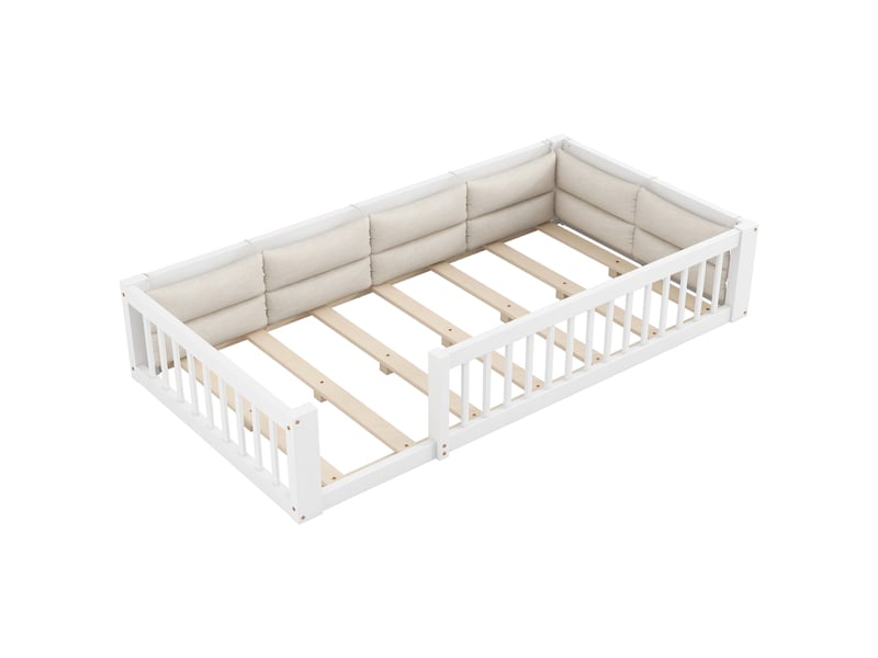 Lit enfant 90x200 cm avec barrières de sécurité et coussins, bois blanc, sans matelas  - Conforama A