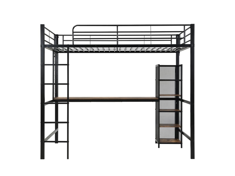  Lit mezzanine en fer et mdf, avec table et étagères à plusieurs niveaux, équipé d'un grillage métallique, de rambardes robustes et d'une échelle, coloris noir et bois foncé, 90 x 200 cm  - Conforama D