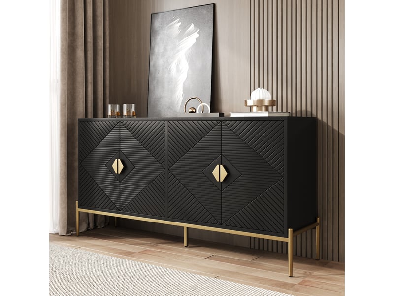  Buffet noir moderne 162x40x80 cm, meuble rangement entrée avec portes et poignées dorées, structure mdf robuste  - Conforama B