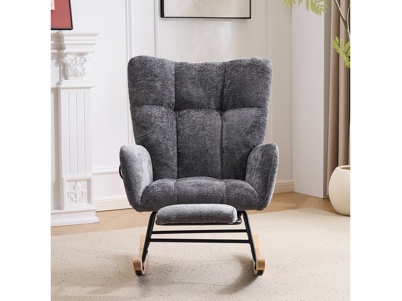  Fauteuil à bascule avec repose-pieds en chenille gris foncé  - Conforama C