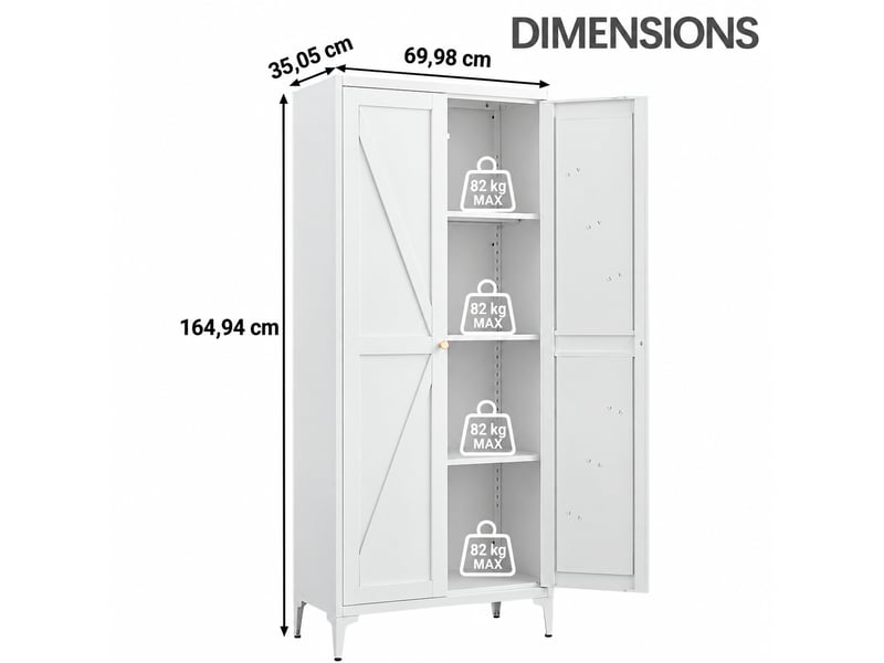  Armoire haute de rangement en acier blanc, 3 étagères réglables, 70 x 35 x 165 cm  - Conforama C