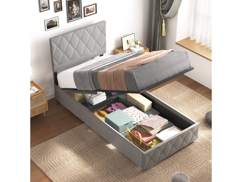  Lit avec rangement ulevr 90 x 200 cm rembourré en velours gris, sommier à lattes en bois  - Conforama B
