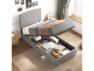 Lit avec rangement ulevr 90 x 200 cm rembourré en velours gris, sommier à lattes en bois