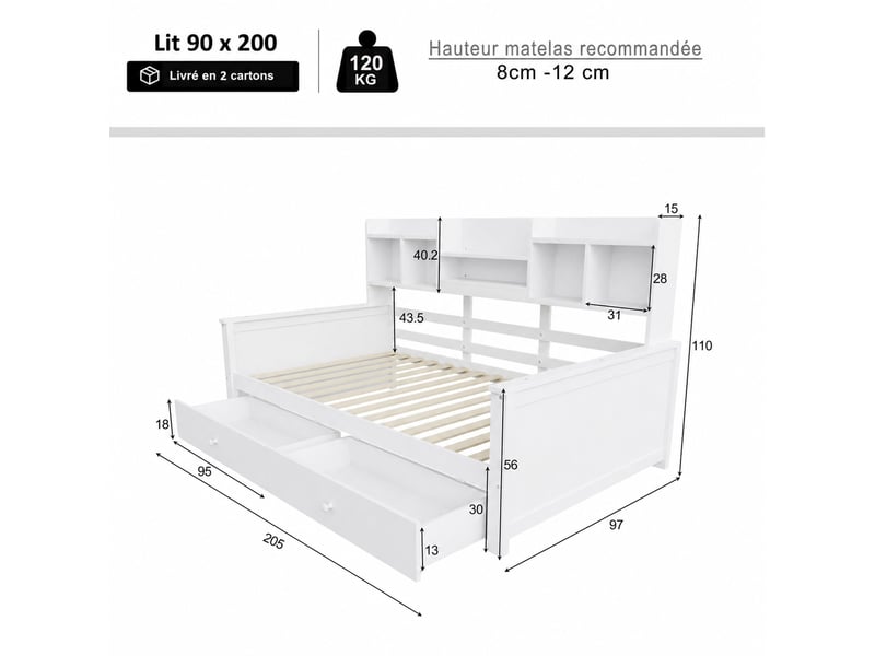 Lit banquette simple enfant 90×200 cm, 2 tiroirs et étagères - sans matelas, bois blanc - Conforama E