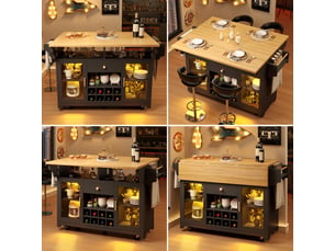 Îlot de cuisine 120 x 4080 x 95 cm, led rgb, plateau rabattable, buffet roulant, 2 portes 1 tiroir, casier à vin, noir