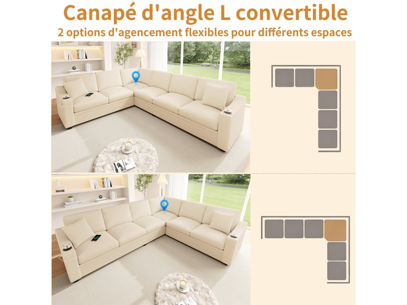  Canapé d’angle modulaire 277 x 215 x 85 cm, 6 places, usb type-c, 2 porte-gobelets, 2 coussins, velours côtelé beige  - Conforama E