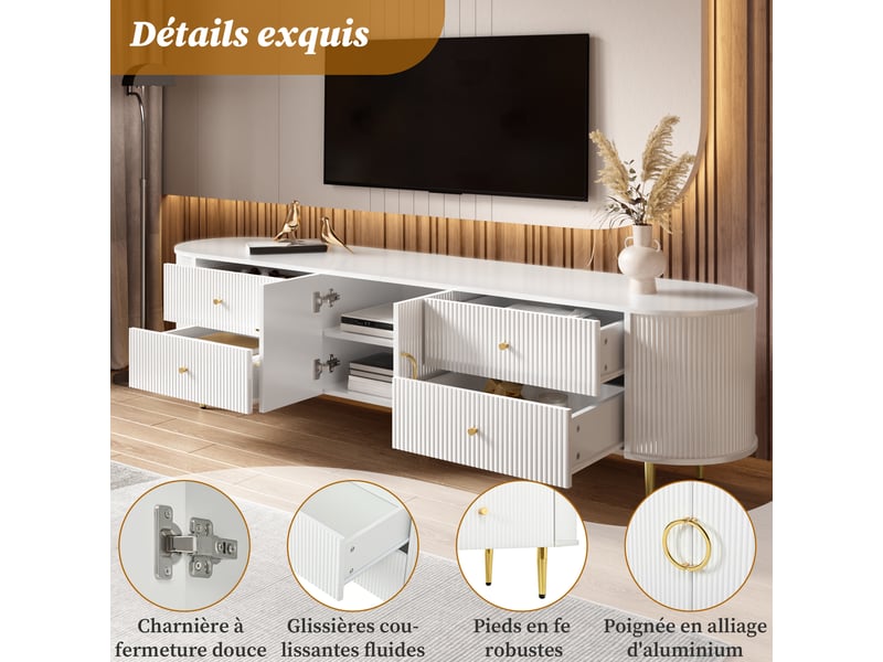  Meuble tv avec 2 tiroirs, double porte, étagère fixe et passe-câble pour salon, 180 × 40 × 38 cm, en mdf blanc  - Conforama E