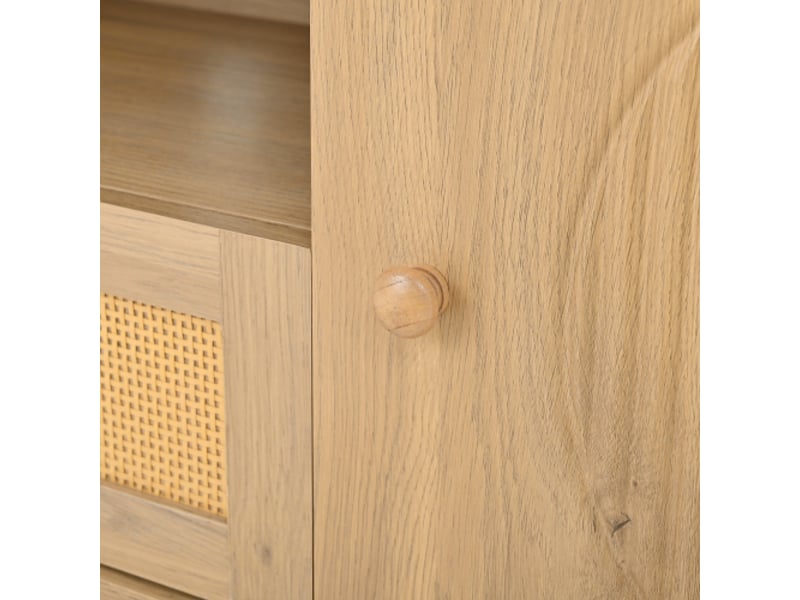 Meuble tv moderne en rotin avec tiroirs et étagères ouvertes, plateau arrondi, pieds métal-bois – salon multifonction  - Conforama E