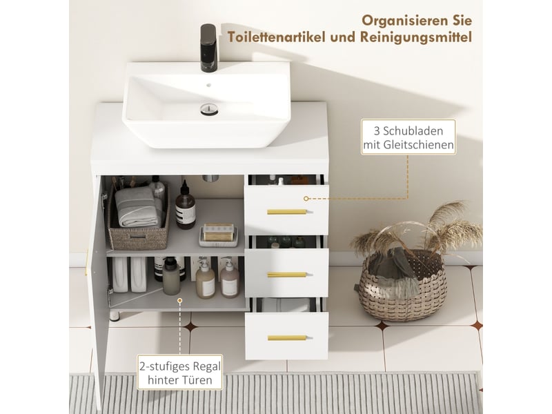 Meuble sous lavabo blanc, armoire de salle de bain avec 3 tiroirs et portes, rangement sous vasque en mdf pour salle d'eau, 70x30x65 cm. - Conforama D